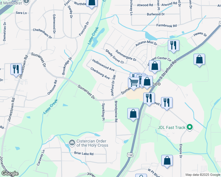 map of restaurants, bars, coffee shops, grocery stores, and more near 301 Ashford Court in Winston-Salem