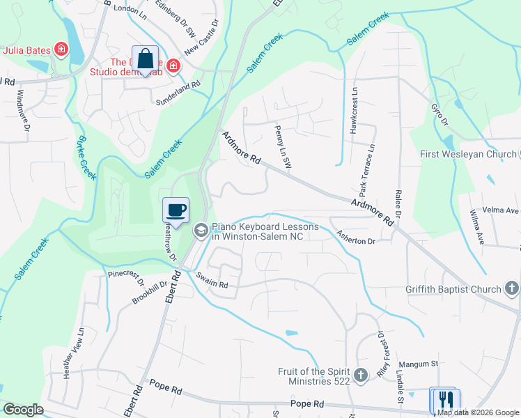 map of restaurants, bars, coffee shops, grocery stores, and more near 1824 Salem Bluff Drive in Winston-Salem