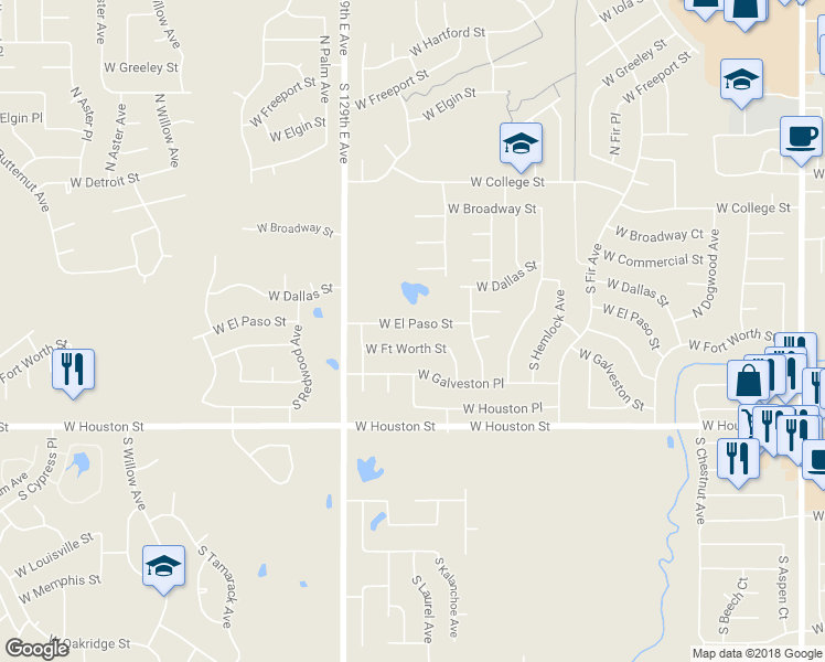 map of restaurants, bars, coffee shops, grocery stores, and more near 3309 West El Paso Street in Broken Arrow