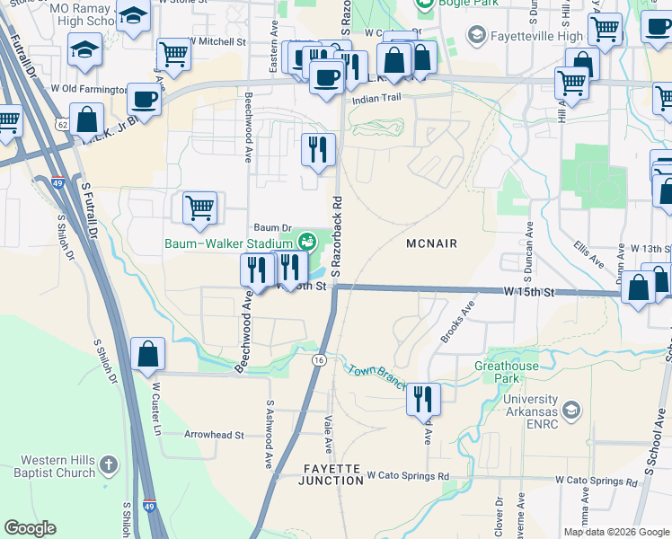 map of restaurants, bars, coffee shops, grocery stores, and more near South Razorback Road in Fayetteville