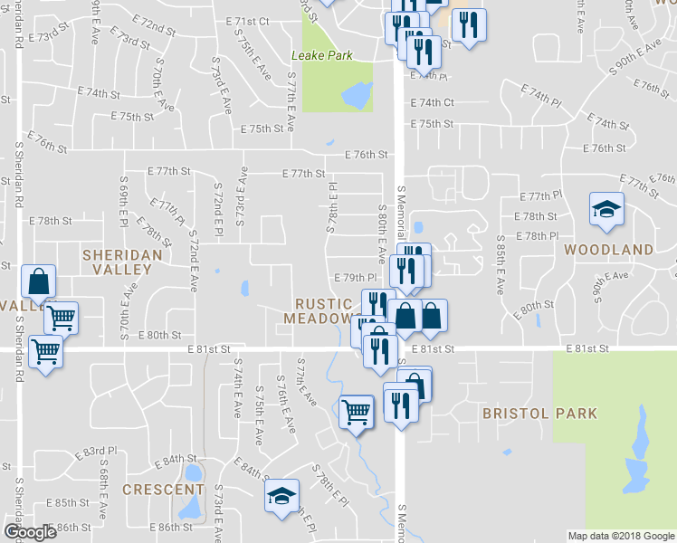 map of restaurants, bars, coffee shops, grocery stores, and more near 7809 East 79th Place in Tulsa