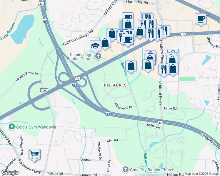 map of restaurants, bars, coffee shops, grocery stores, and more near 5620 Cates Drive in Greensboro