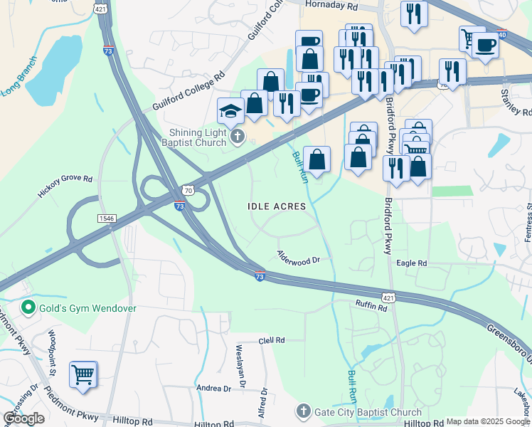 map of restaurants, bars, coffee shops, grocery stores, and more near 5620 Cates Drive in Greensboro