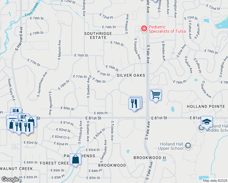 map of restaurants, bars, coffee shops, grocery stores, and more near 4518 East 79th Street South in Tulsa