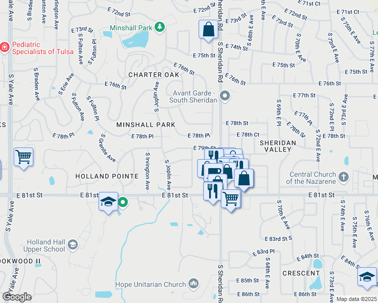 map of restaurants, bars, coffee shops, grocery stores, and more near 6020 East 79th Street in Tulsa