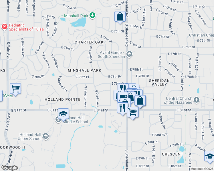 map of restaurants, bars, coffee shops, grocery stores, and more near 6020 East 79th Street in Tulsa