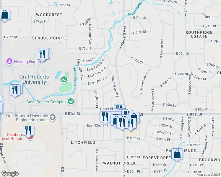 map of restaurants, bars, coffee shops, grocery stores, and more near 7854 South Gary Place in Tulsa