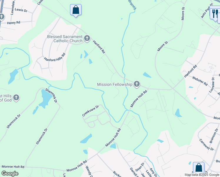 map of restaurants, bars, coffee shops, grocery stores, and more near 5560 Henley Ridge Drive in Graham