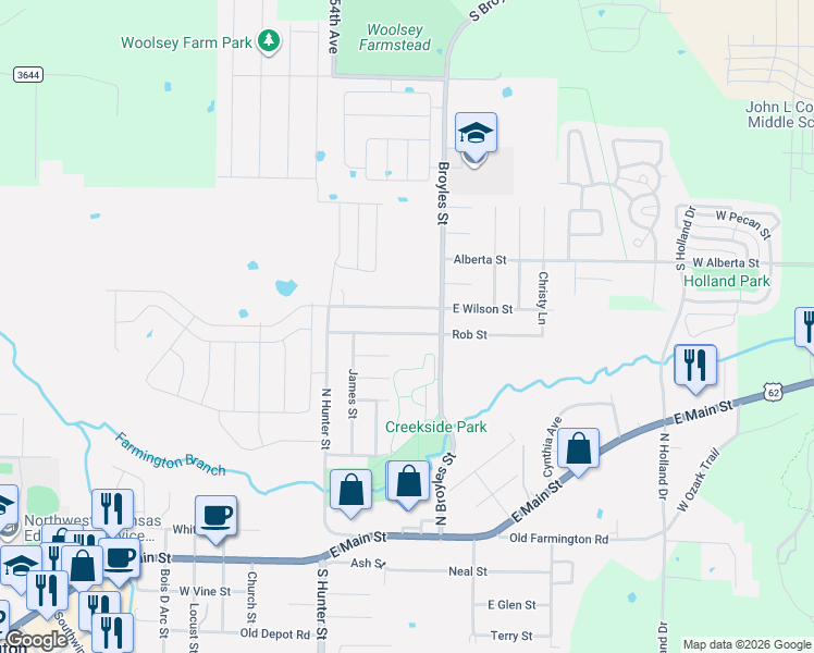 map of restaurants, bars, coffee shops, grocery stores, and more near 70 Rob Street in Farmington