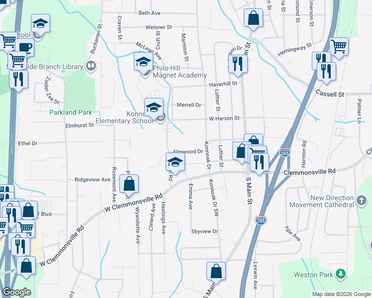 map of restaurants, bars, coffee shops, grocery stores, and more near 329 Elmwood Drive in Winston-Salem