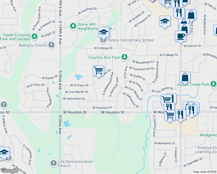 map of restaurants, bars, coffee shops, grocery stores, and more near 501 South Indianwood Avenue in Broken Arrow