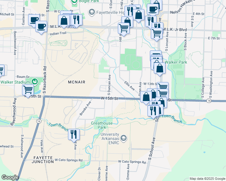 map of restaurants, bars, coffee shops, grocery stores, and more near 1390 South Duncan Avenue in Fayetteville