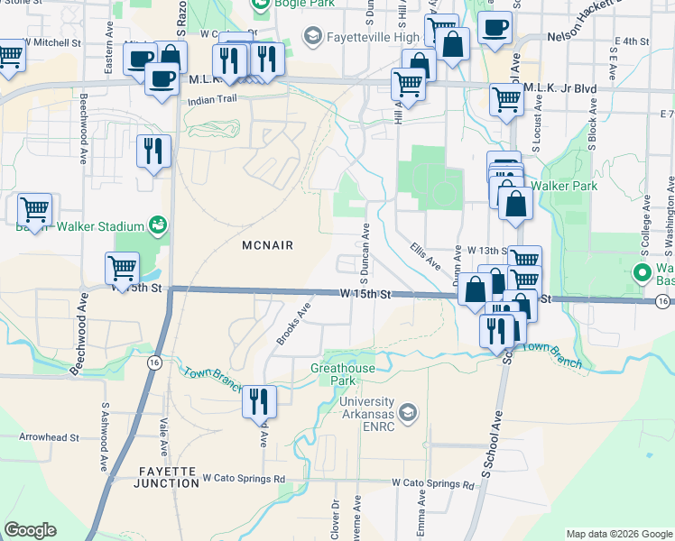 map of restaurants, bars, coffee shops, grocery stores, and more near 1327 South Duncan Avenue in Fayetteville