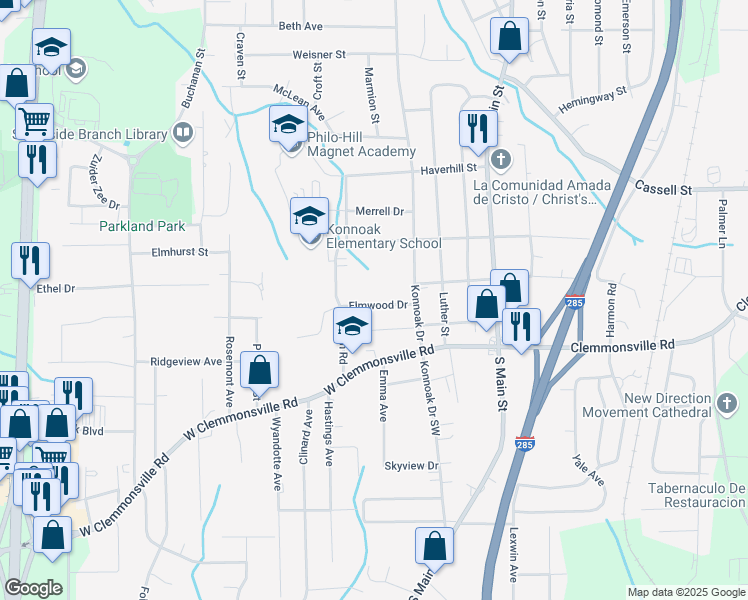 map of restaurants, bars, coffee shops, grocery stores, and more near 343 Elmwood Drive in Winston-Salem