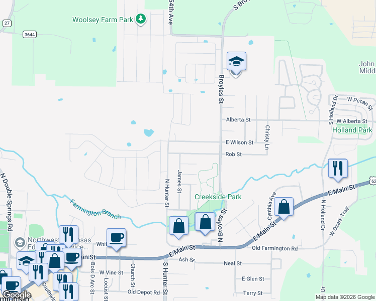 map of restaurants, bars, coffee shops, grocery stores, and more near 36 Rob Street in Farmington
