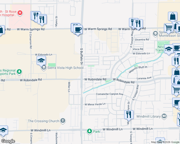 map of restaurants, bars, coffee shops, grocery stores, and more near 7729 West Country Village Place in Las Vegas