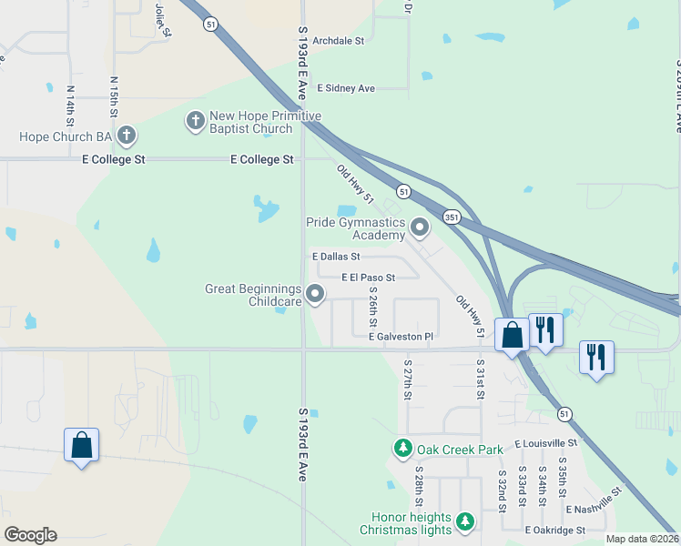map of restaurants, bars, coffee shops, grocery stores, and more near 2512 East El Paso Street in Broken Arrow