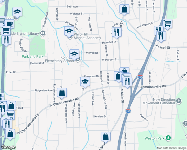 map of restaurants, bars, coffee shops, grocery stores, and more near 329 Elmwood Drive in Winston-Salem