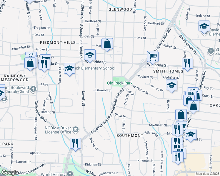 map of restaurants, bars, coffee shops, grocery stores, and more near 1545 McCormick Street in Greensboro