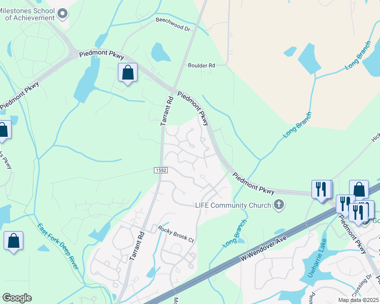 map of restaurants, bars, coffee shops, grocery stores, and more near 1139 Tarrant Road in Greensboro