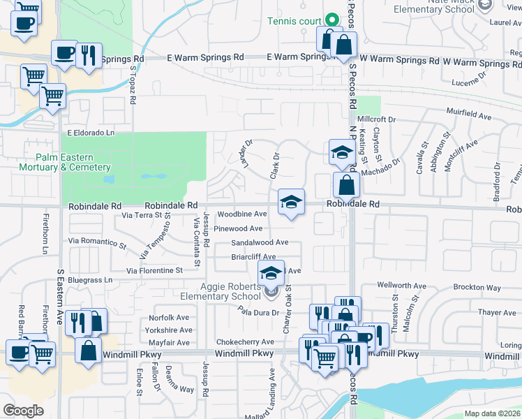 map of restaurants, bars, coffee shops, grocery stores, and more near 2722 Woodbine Avenue in Henderson