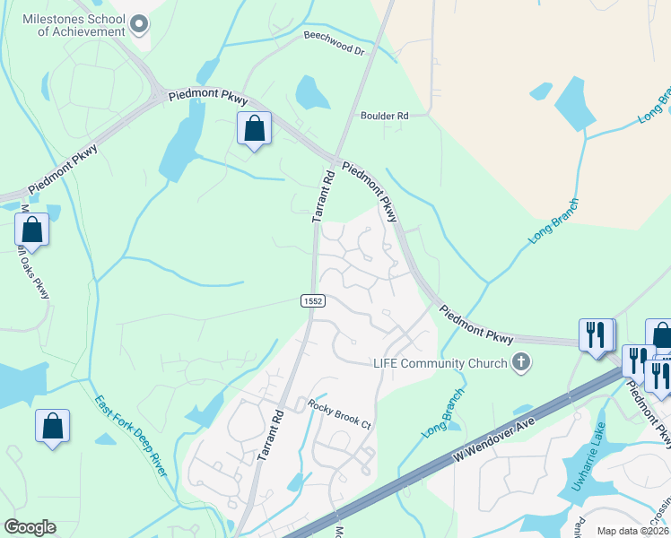 map of restaurants, bars, coffee shops, grocery stores, and more near 4415 Amethyst Court in Greensboro