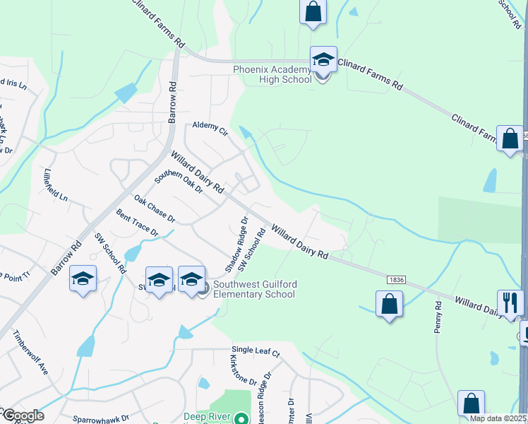 map of restaurants, bars, coffee shops, grocery stores, and more near 3770 Shadow Ridge Drive in High Point
