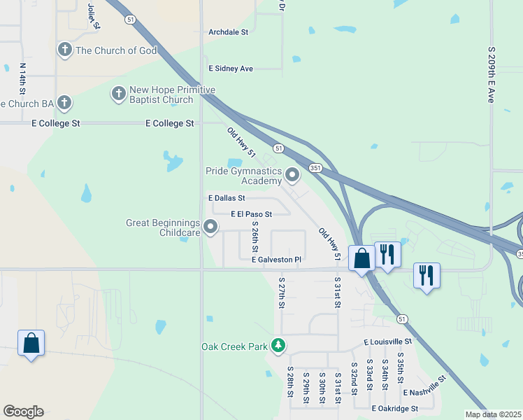 map of restaurants, bars, coffee shops, grocery stores, and more near 2608 East El Paso Street in Broken Arrow