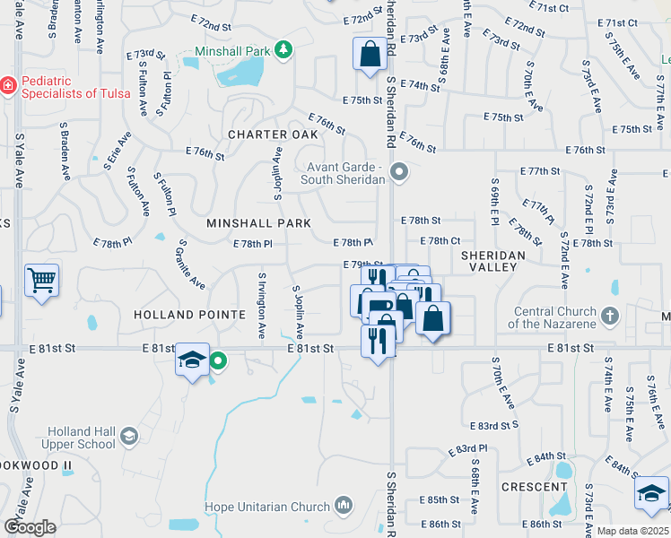 map of restaurants, bars, coffee shops, grocery stores, and more near 6020 East 79th Street in Tulsa