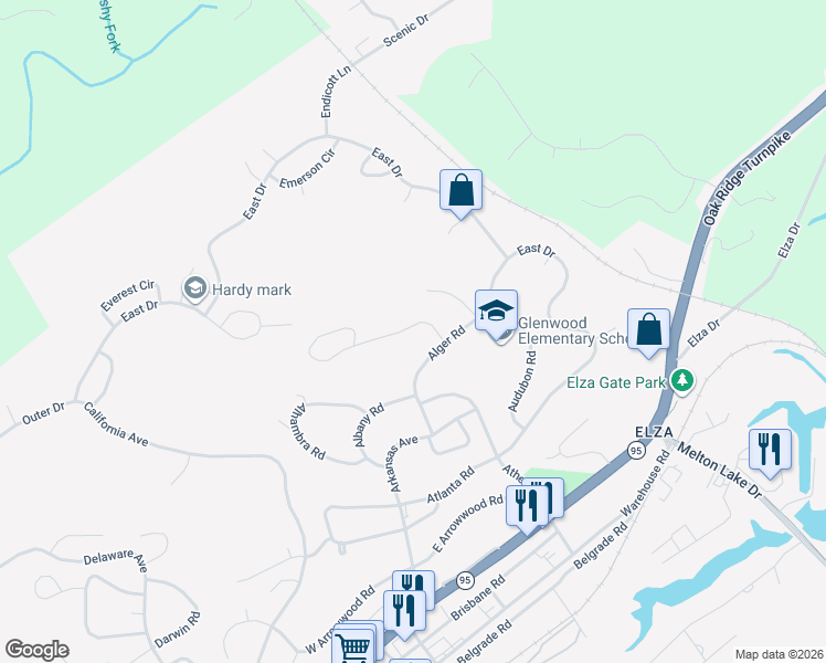 map of restaurants, bars, coffee shops, grocery stores, and more near 113 Amherst Lane in Oak Ridge