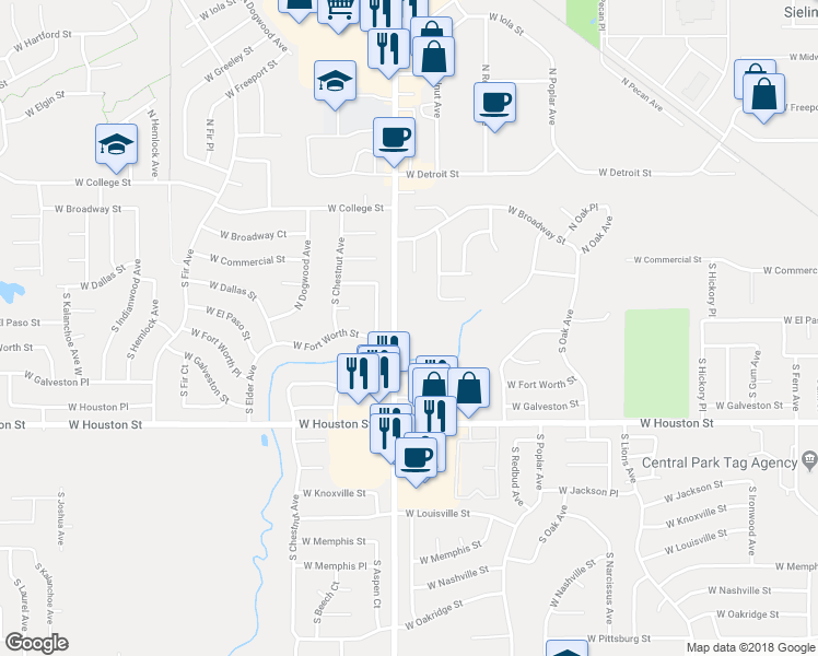 map of restaurants, bars, coffee shops, grocery stores, and more near 521 South Aspen Avenue in Broken Arrow