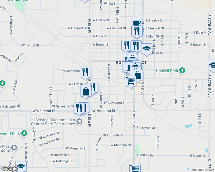 map of restaurants, bars, coffee shops, grocery stores, and more near 400 West El Paso Street in Broken Arrow