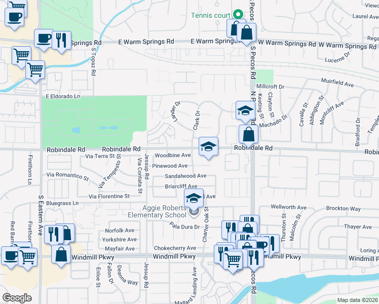 map of restaurants, bars, coffee shops, grocery stores, and more near 2722 Woodbine Avenue in Henderson