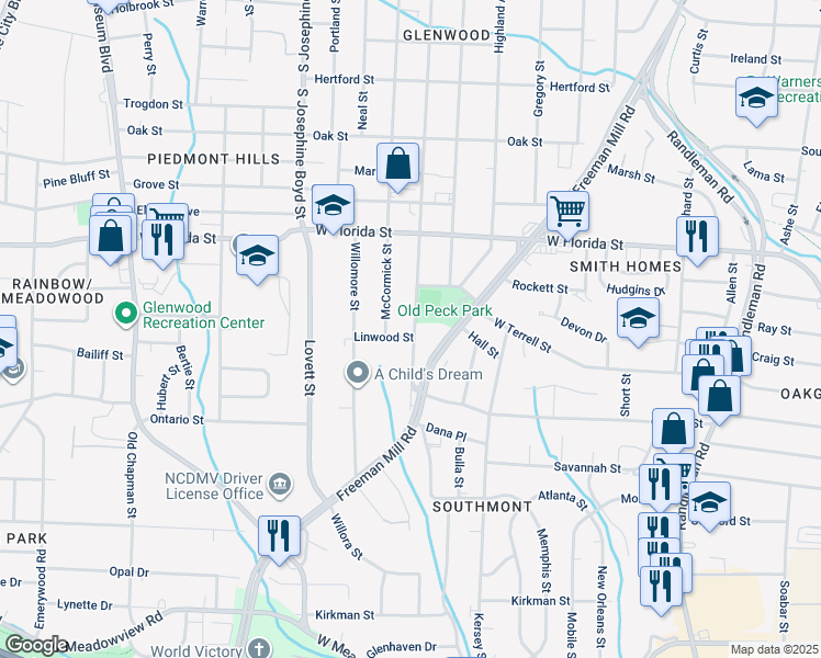 map of restaurants, bars, coffee shops, grocery stores, and more near 1618 Glenwood Avenue in Greensboro