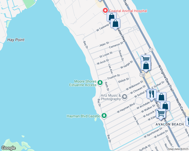 map of restaurants, bars, coffee shops, grocery stores, and more near 412-414 West Helga Street in Kill Devil Hills