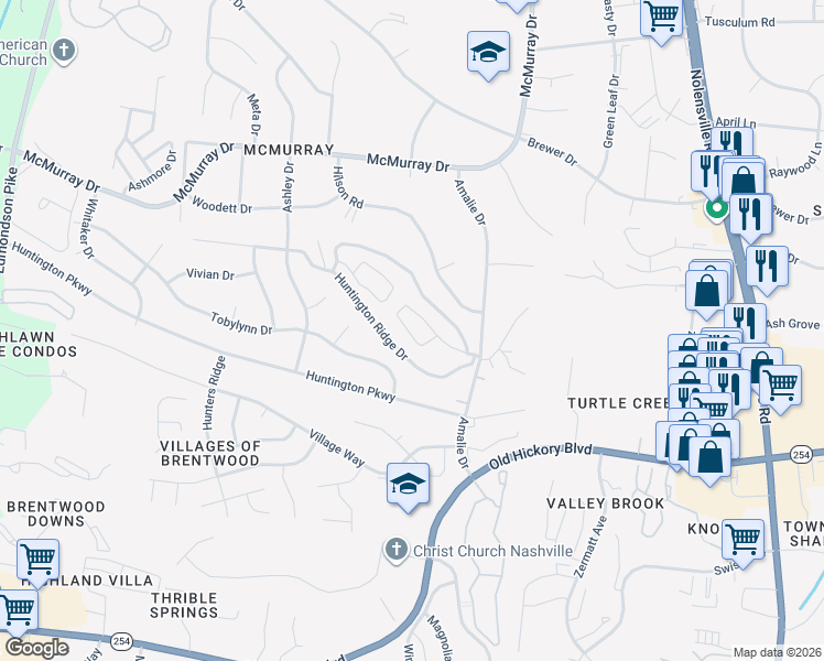 map of restaurants, bars, coffee shops, grocery stores, and more near 315 Huntington Ridge Place in Nashville
