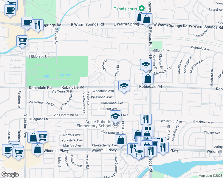 map of restaurants, bars, coffee shops, grocery stores, and more near 2722 Woodbine Avenue in Henderson