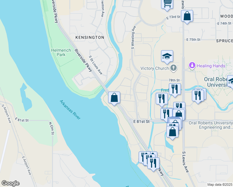 map of restaurants, bars, coffee shops, grocery stores, and more near 7901 Riverside Parkway in Tulsa