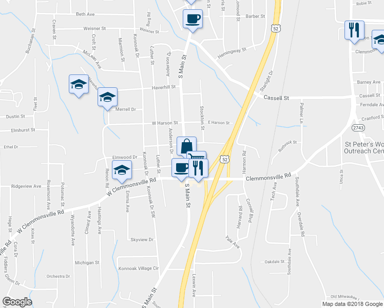 map of restaurants, bars, coffee shops, grocery stores, and more near 3419 South Main Street in Winston Salem