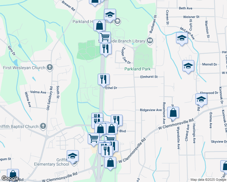 map of restaurants, bars, coffee shops, grocery stores, and more near 1642 Ethel Drive in Winston-Salem