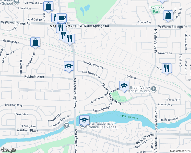 map of restaurants, bars, coffee shops, grocery stores, and more near 2121 Sun Swept Way in Henderson