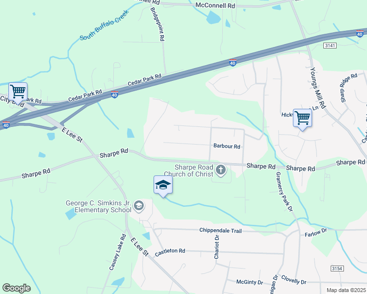 map of restaurants, bars, coffee shops, grocery stores, and more near 3512 Barbour Road in Greensboro