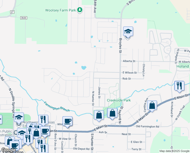map of restaurants, bars, coffee shops, grocery stores, and more near 182 North Hunter Street in Farmington