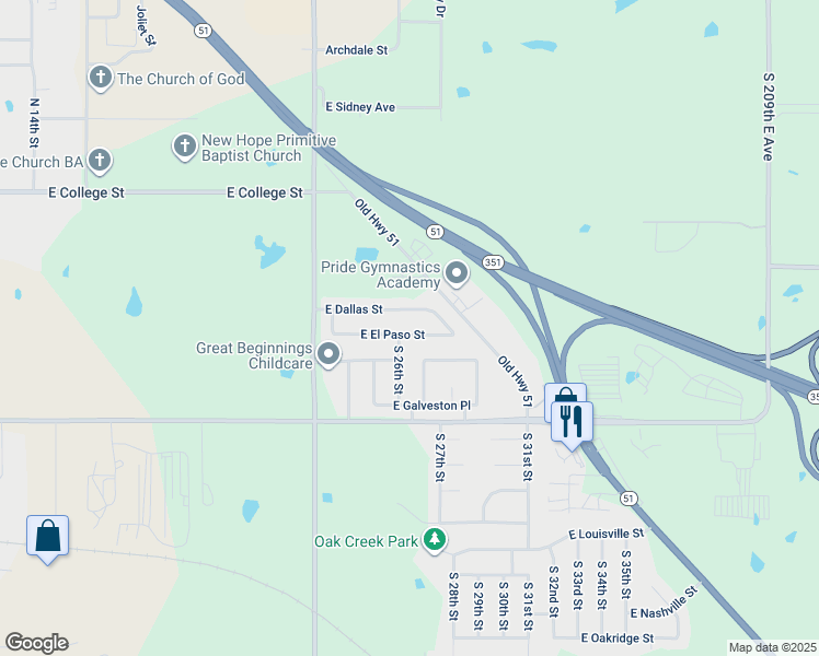 map of restaurants, bars, coffee shops, grocery stores, and more near 2608 East El Paso Street in Broken Arrow