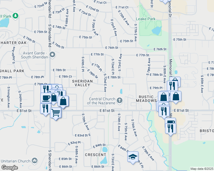 map of restaurants, bars, coffee shops, grocery stores, and more near 7827 South 72nd East Avenue in Tulsa