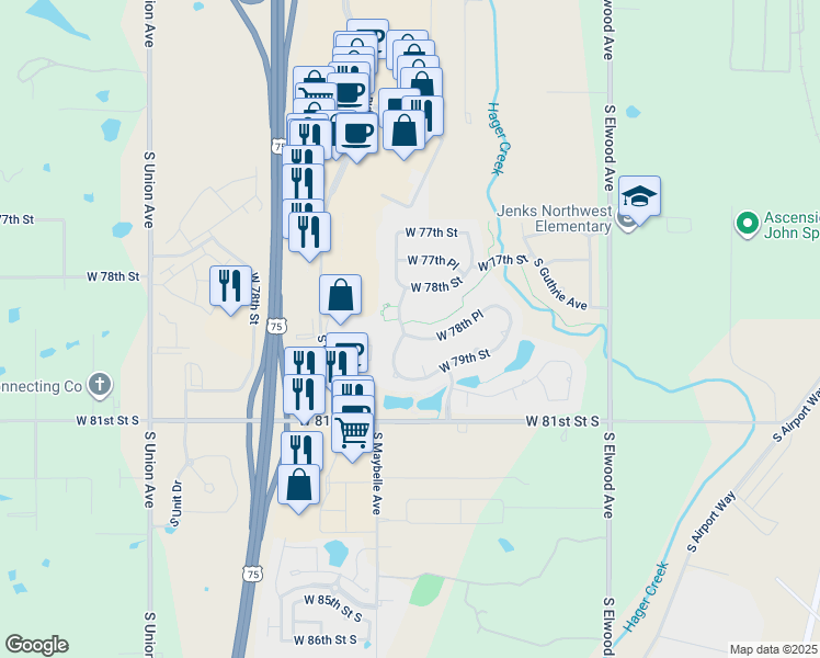 map of restaurants, bars, coffee shops, grocery stores, and more near 7825 South Indian Avenue in Tulsa