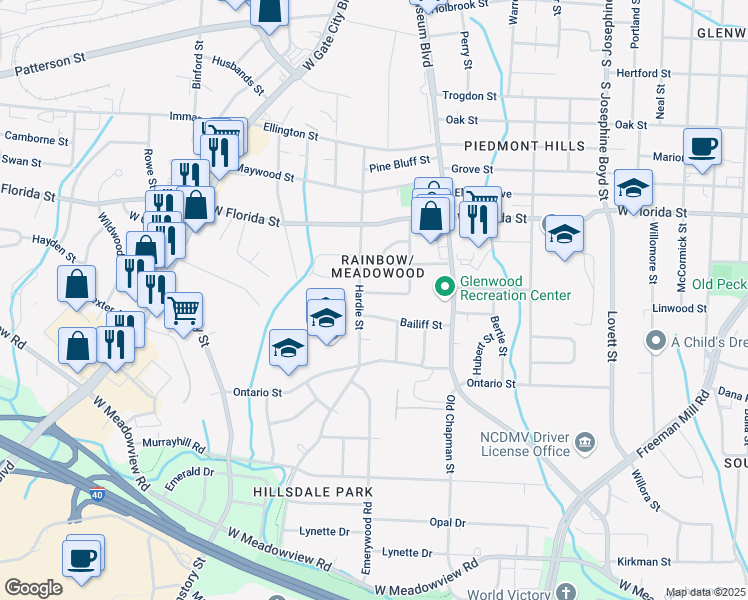 map of restaurants, bars, coffee shops, grocery stores, and more near in Greensboro