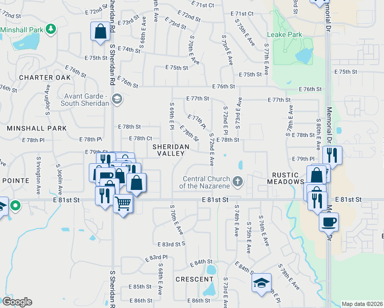 map of restaurants, bars, coffee shops, grocery stores, and more near 7018 East 78th Place in Tulsa