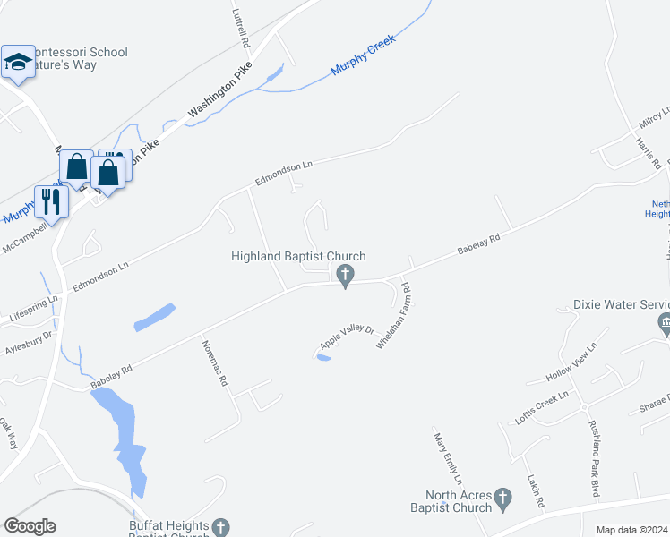 map of restaurants, bars, coffee shops, grocery stores, and more near 3414 Pond Run Way in Knoxville