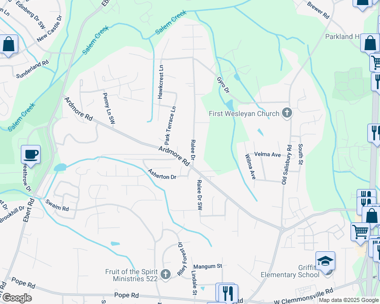 map of restaurants, bars, coffee shops, grocery stores, and more near 1765 Ralee Drive in Winston-Salem
